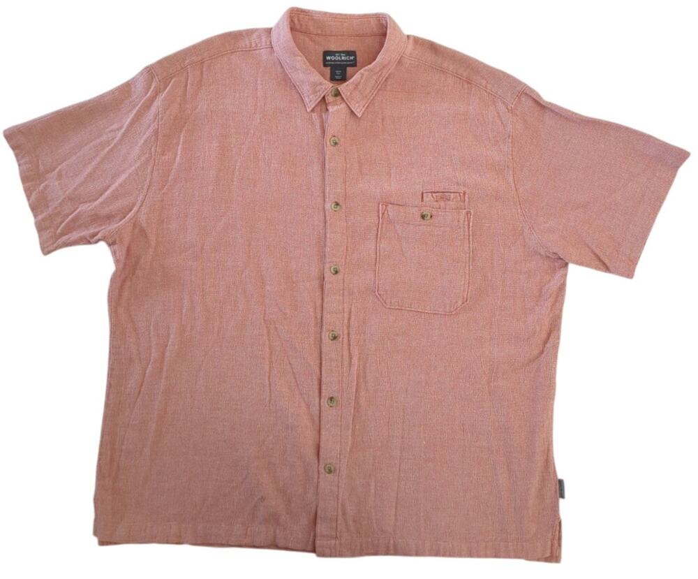 Woolrich Woven Orange Pap 100% Cotton Button Up Short Sleeve Shirt Men Size XXL